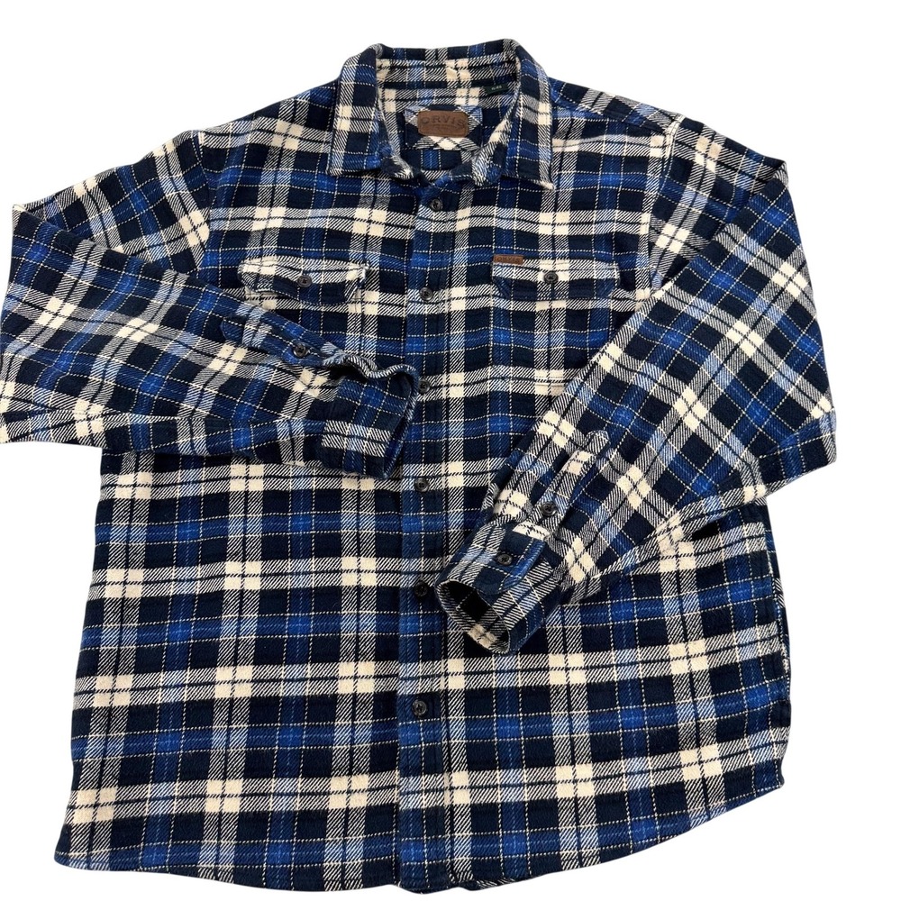 Orvis Shirt Jacket Mens XL Blue Plaid Flannel Lined Shacket Fishing Hiking Camp
